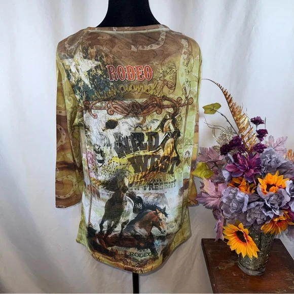 Rebecca Malone Western Horse Wild West Graphic Tunic Top Sheer Long Sleeve L - Picture 3 of 8